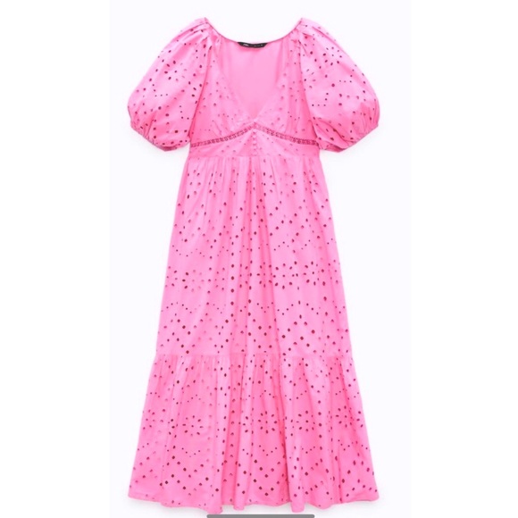 Zara pink openwork embroidery  voluminous cotton dress - Picture 12 of 15